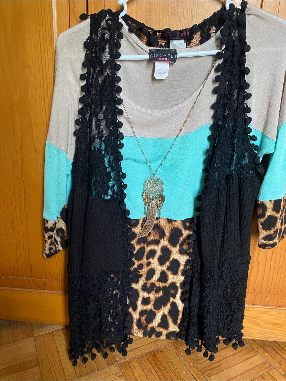 Discreet color block Leopard Print Layered Top with Black Pom lace vest